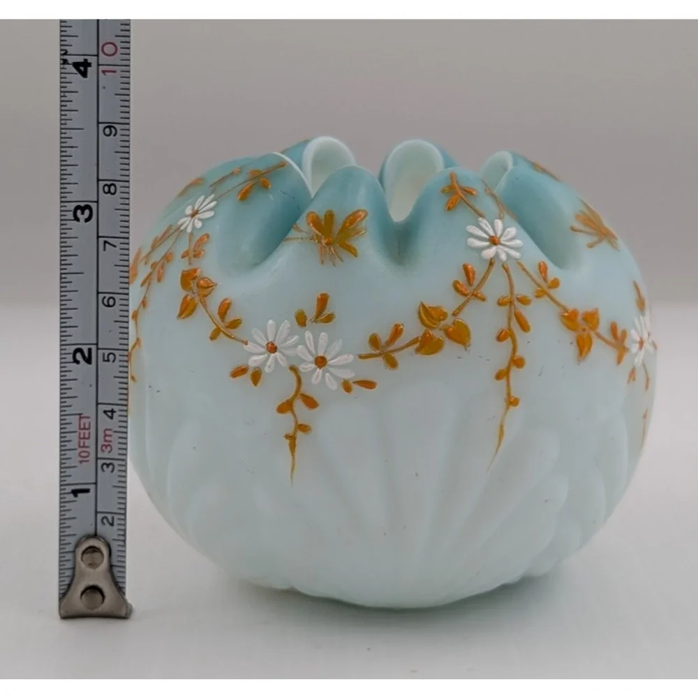 Antique Blue White Rose Bowl Cased Glass Shell Motif Floral Hand Painted Decor